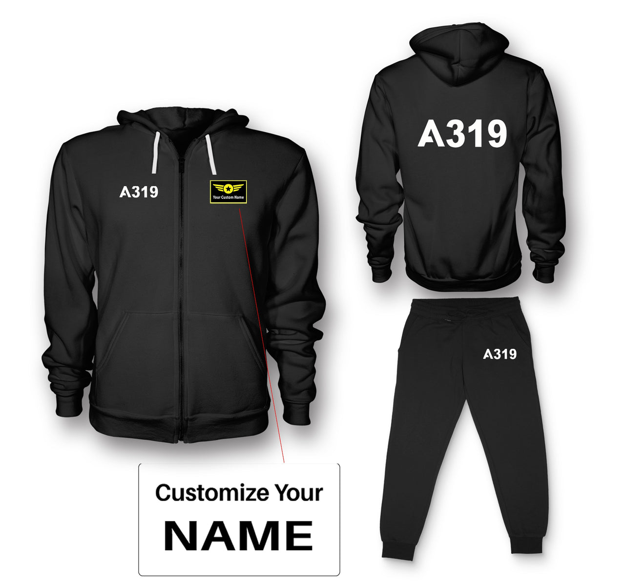 A319 Flat Text Designed Zipped Hoodies & Sweatpants Set