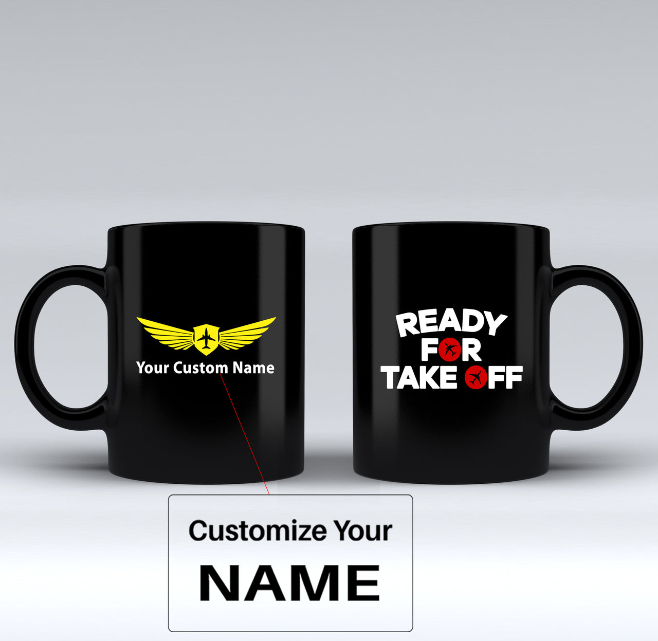 Ready For Takeoff Designed Black Mugs