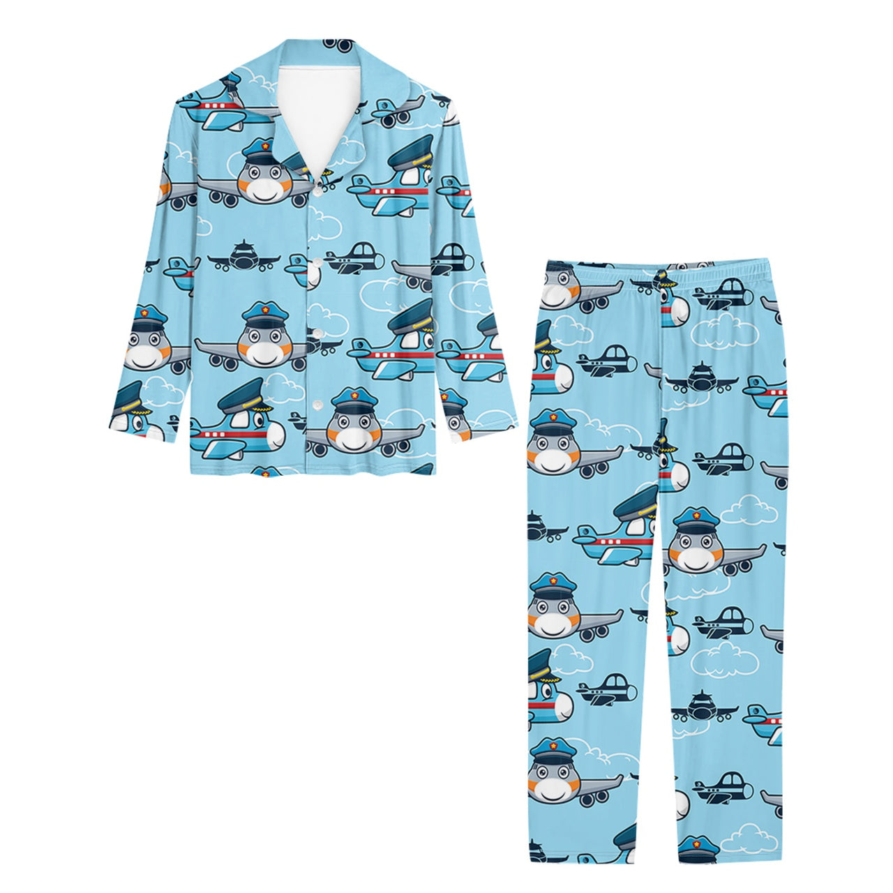 Cartoon & Funny Airplanes Designed Women Button Pajamas