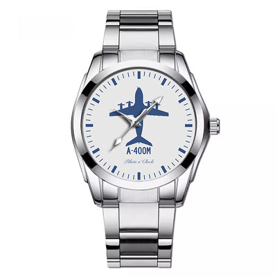 Side view of Airbus A400M aviation watch with stainless steel band in stainless steel, polished finish.