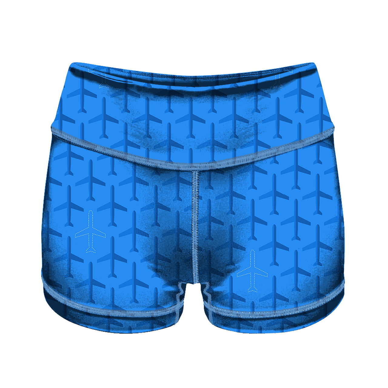 Blue Seamless Airplanes Designed Women Yoga Shorts Pants