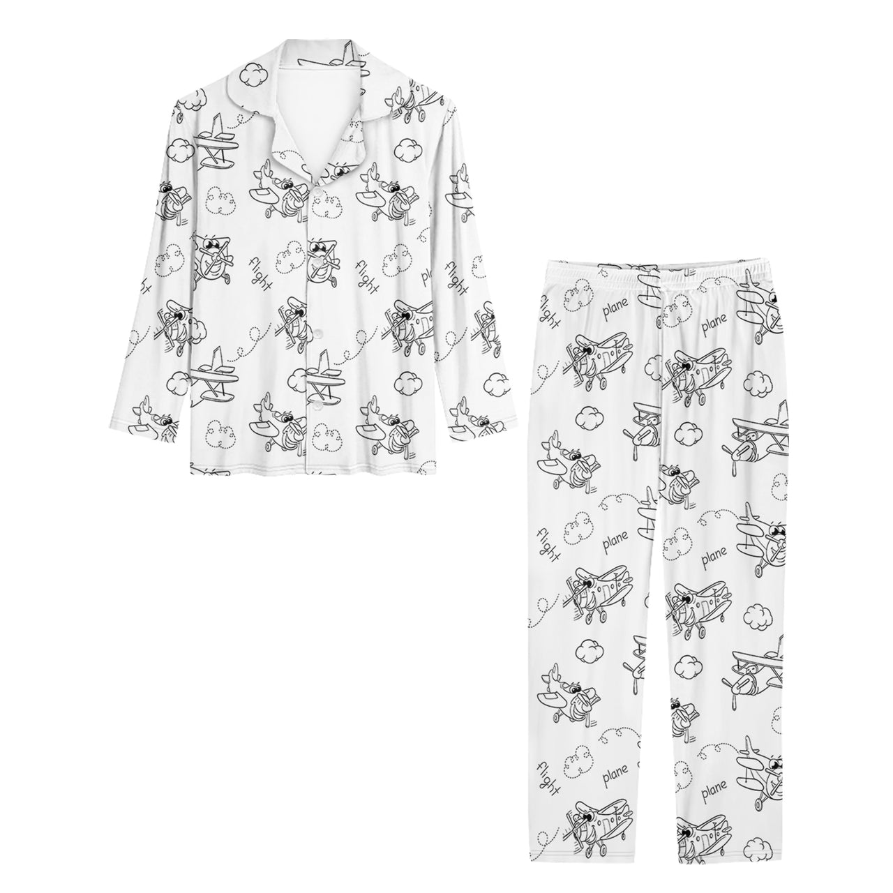 Cartoon Planes Designed Women Button Pajamas