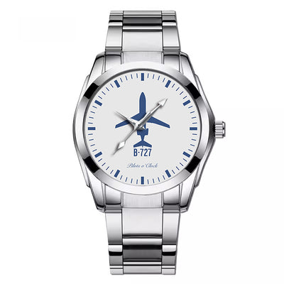 Side view of Boeing 727 aviation watch with stainless steel band in stainless steel, polished finish.