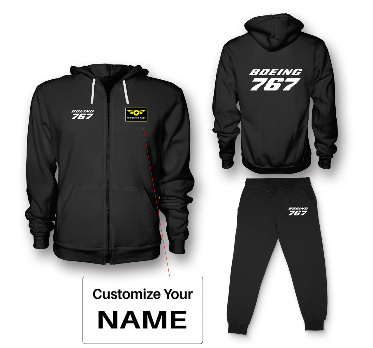 Boeing 767 & Text Designed Zipped Hoodies & Sweatpants Set