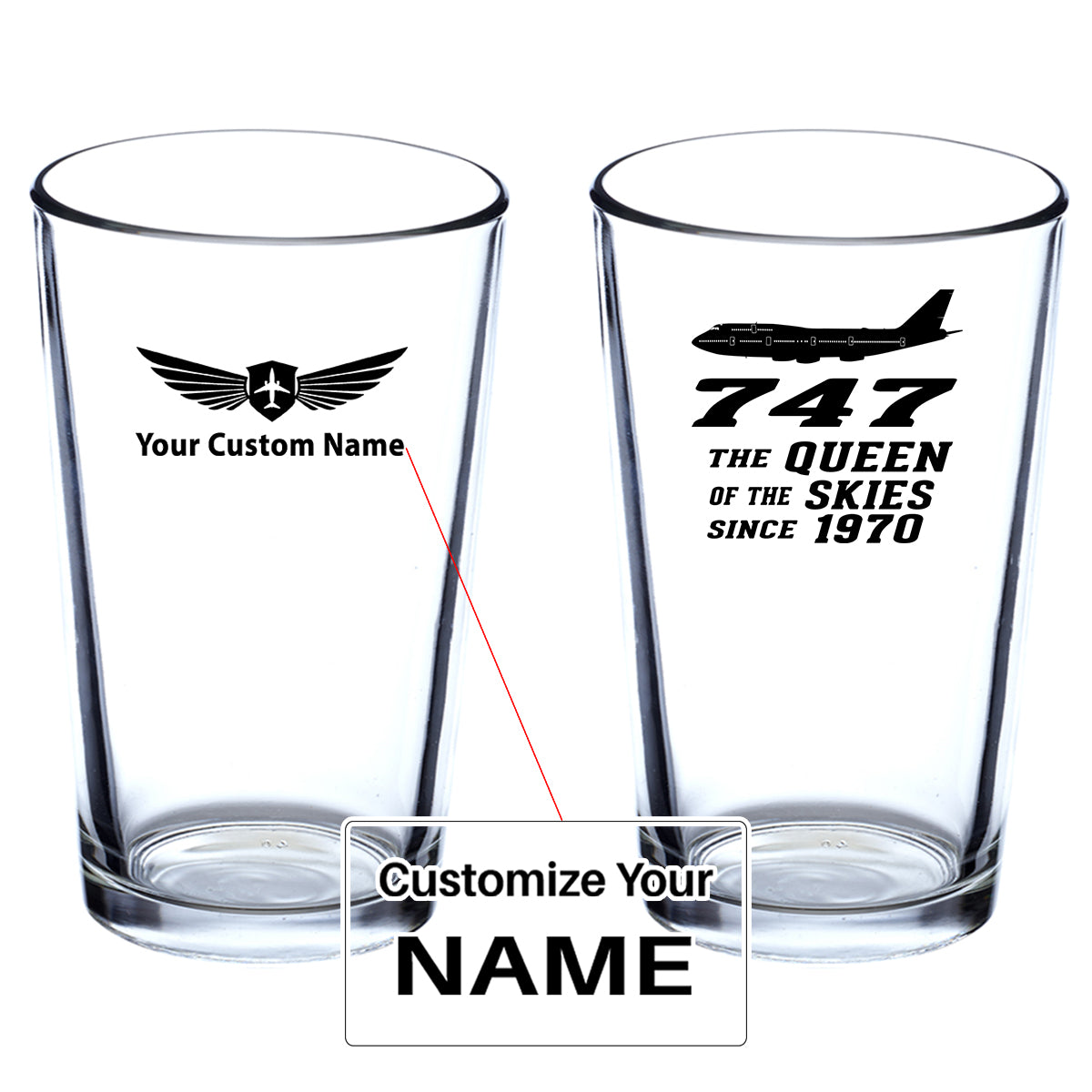 Boeing 747 - Queen of the Skies (2) Designed Beer & Water Glasses