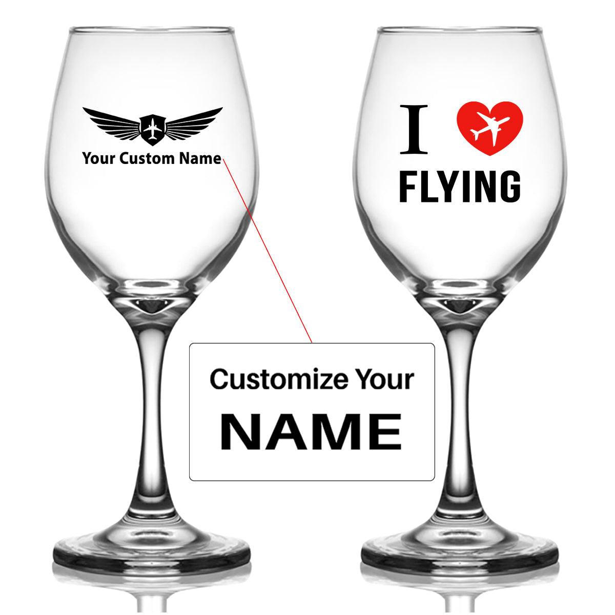 I Love Flying Designed Wine Glasses
