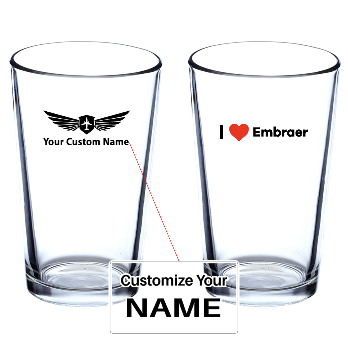 I Love Embraer Designed Beer & Water Glasses