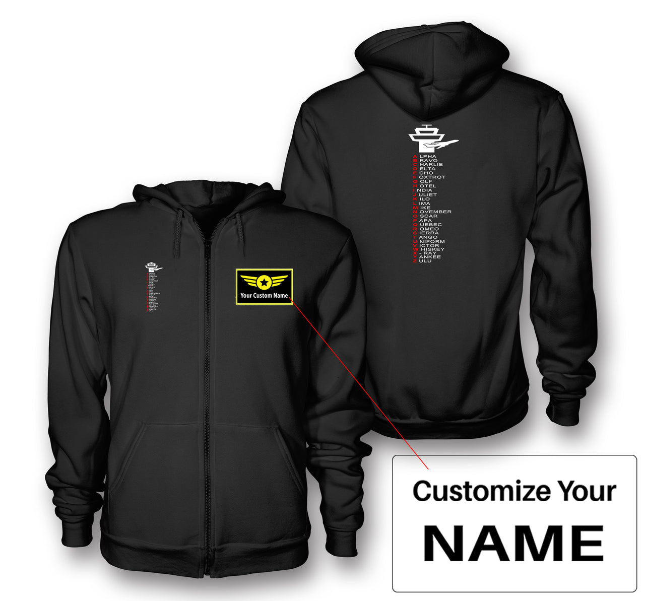 Aviation Alphabet Designed Zipped Hoodies