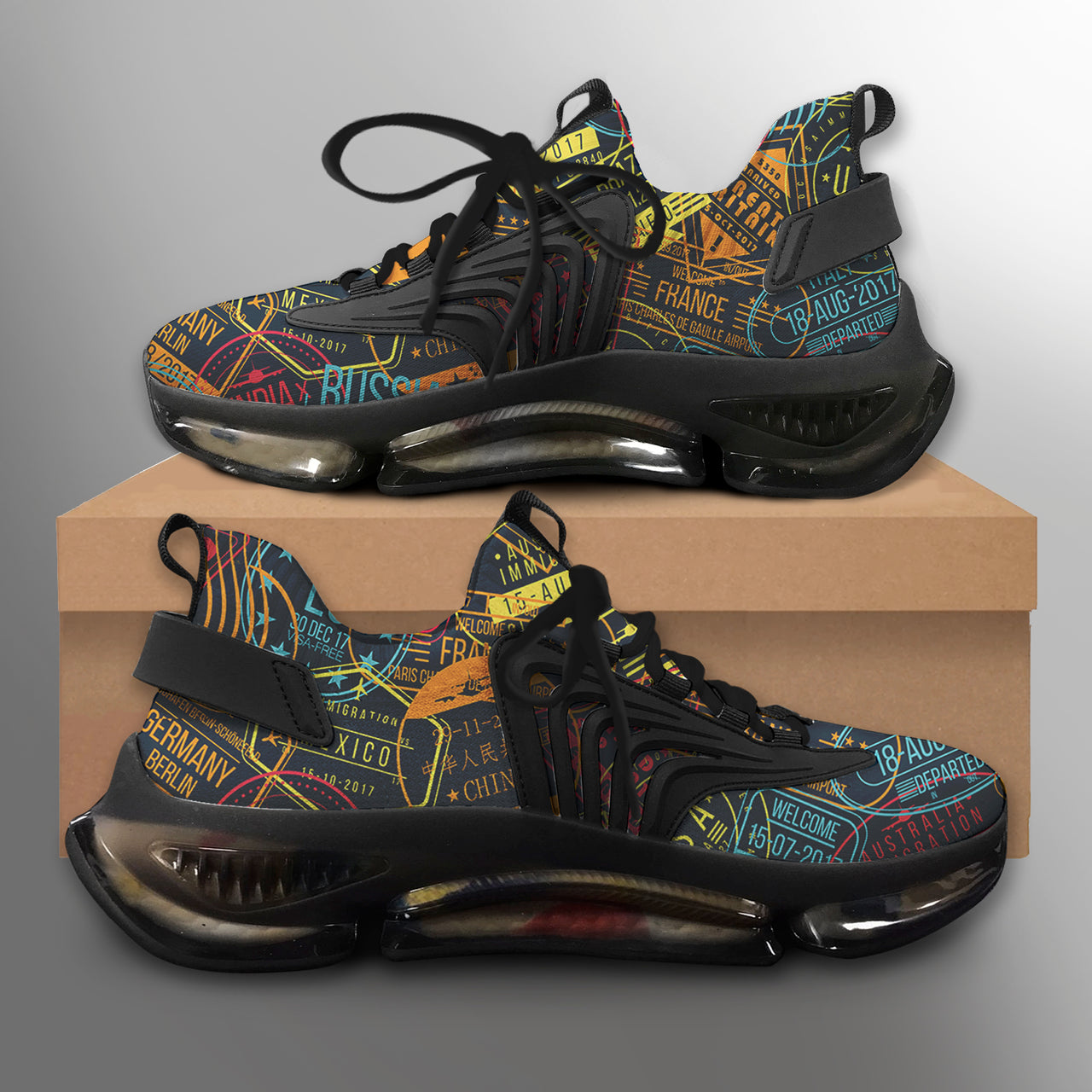 Dark Coloured Passport Stamps Designed Fashion Running Shoes