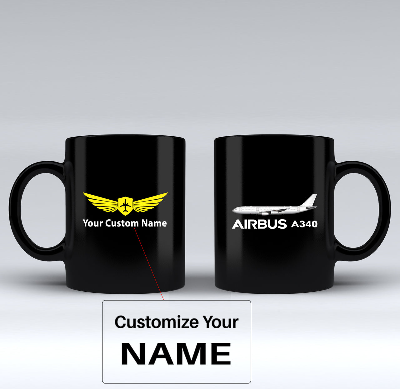 The Airbus A340 Designed Black Mugs