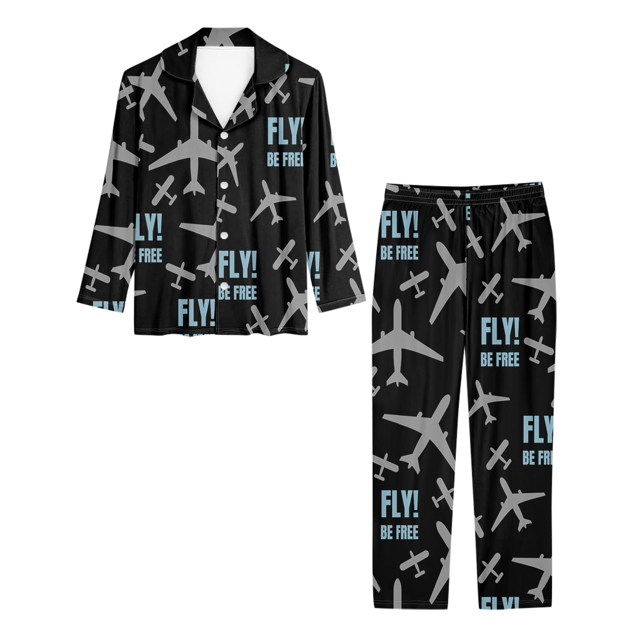 Fly Be Free Black Designed Women Button Pajamas