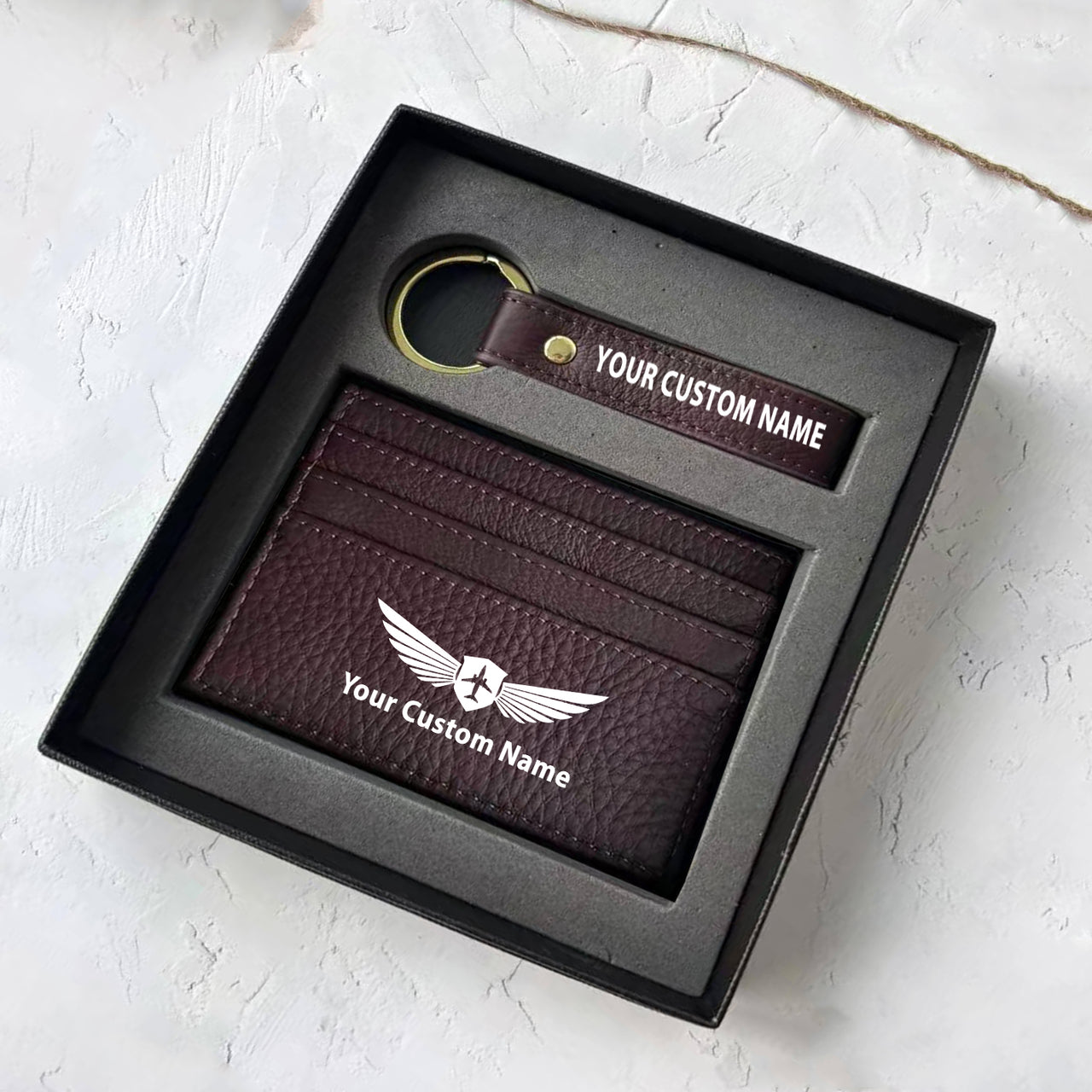 Your Custom Name/Text Genuine Leather Cardholder Key Ring Gift Box Set