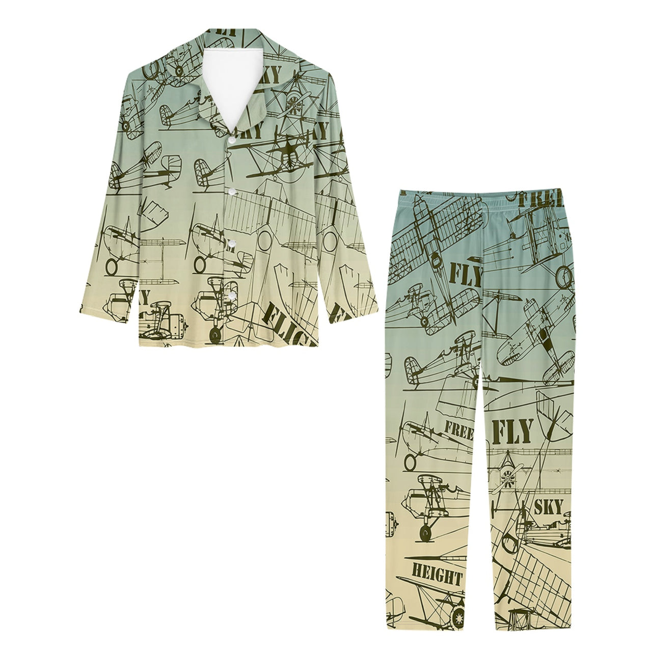Retro Airplanes & Text Designed Women Button Pajamas