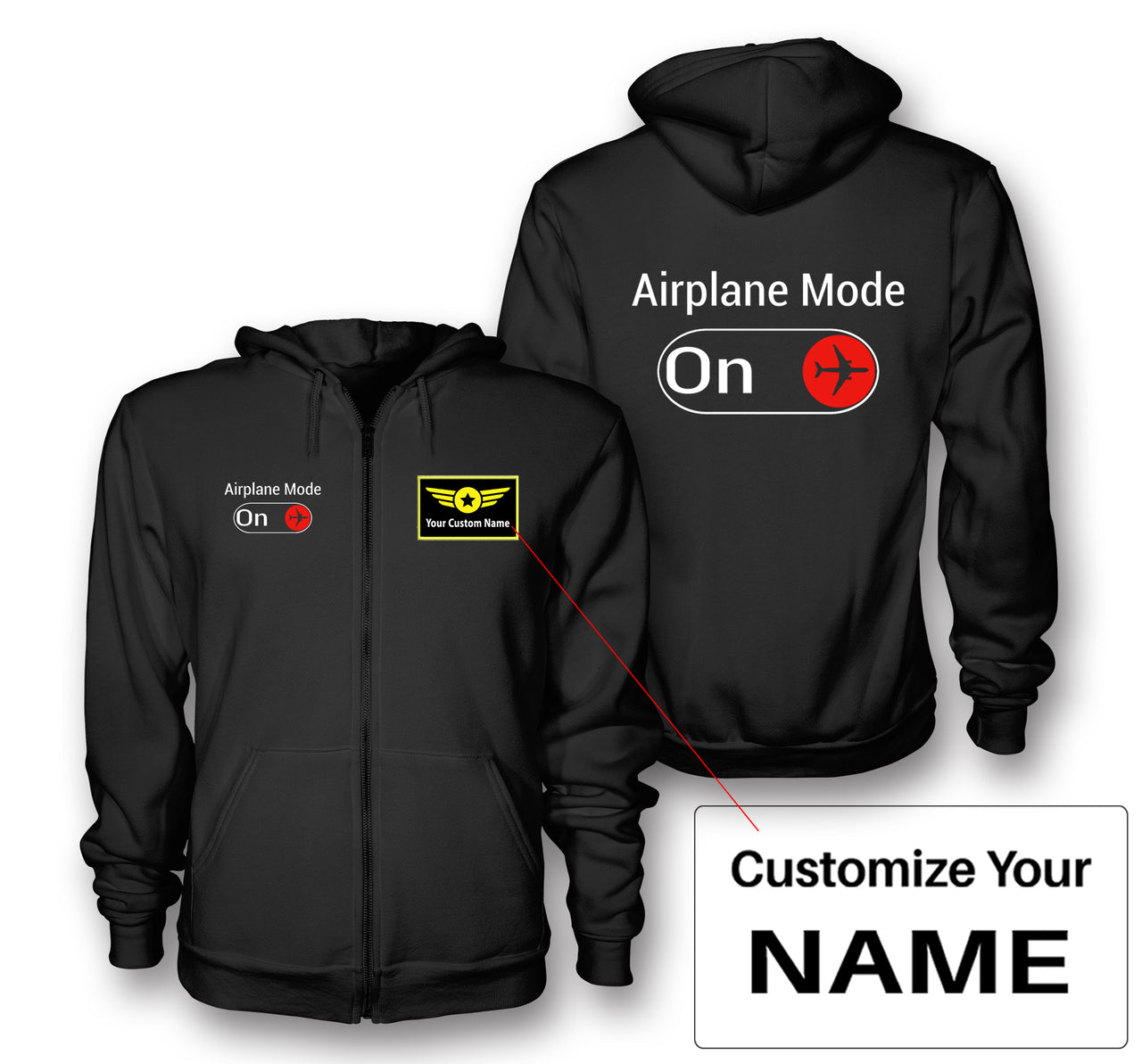 Airplane Mode On Designed Zipped Hoodies