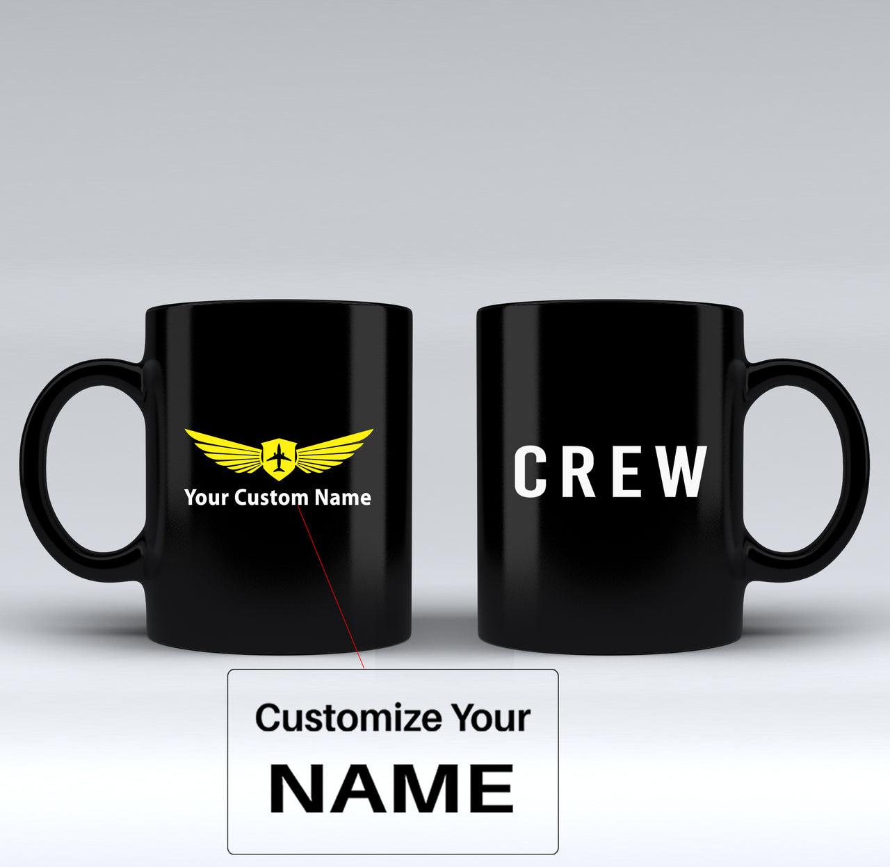 CREW & Text Designed Black Mugs