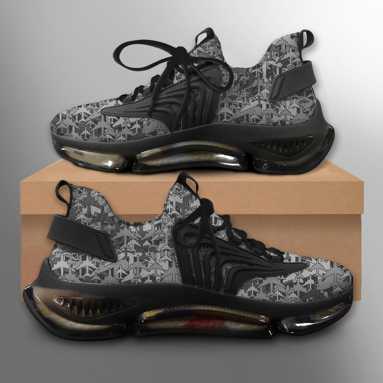 Dark Coloured Airplanes Designed Fashion Running Shoes