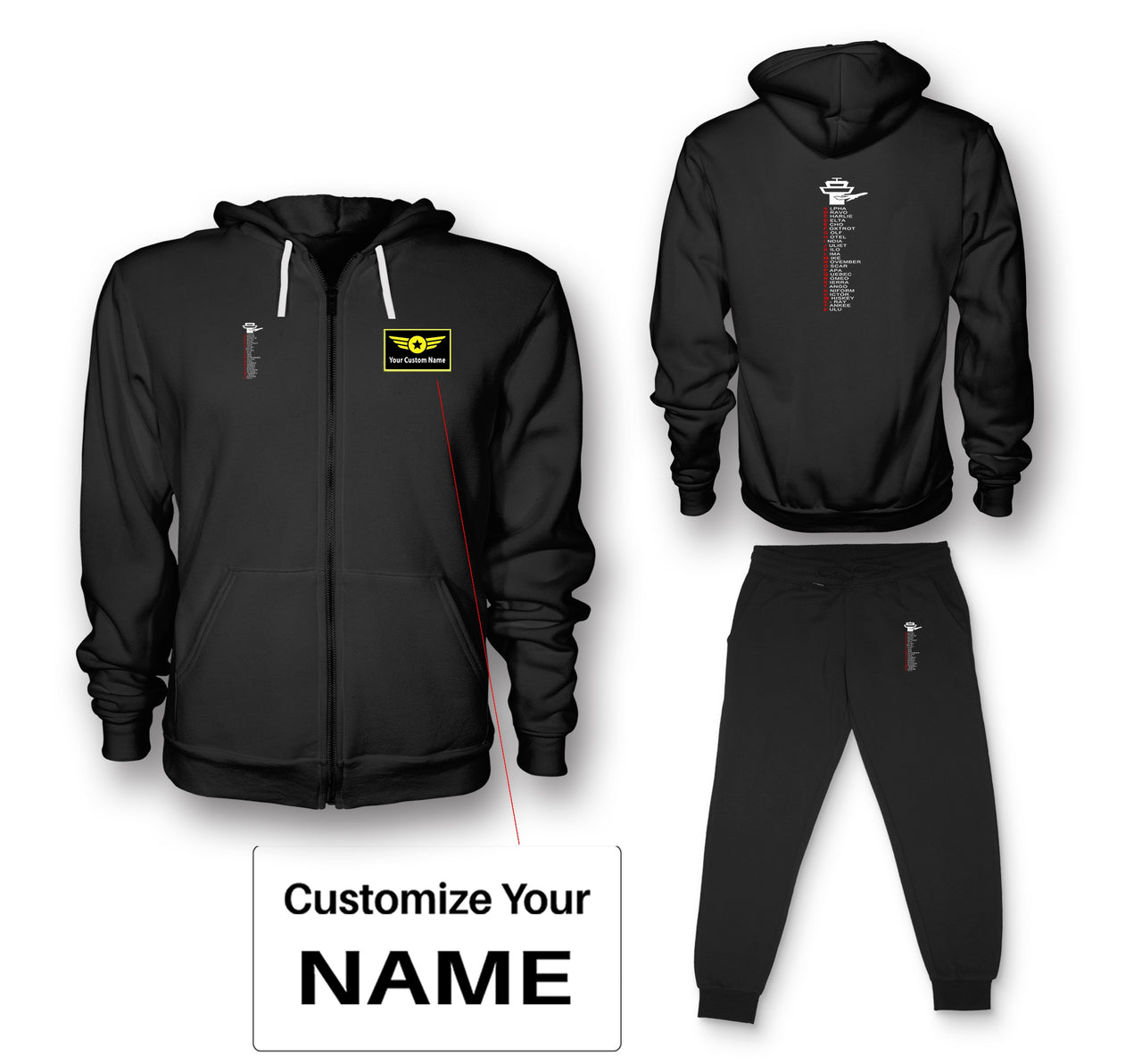 Aviation Alphabet Designed Zipped Hoodies & Sweatpants Set