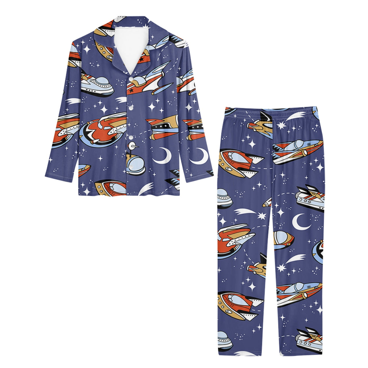 Spaceship & Stars Designed Women Button Pajamas