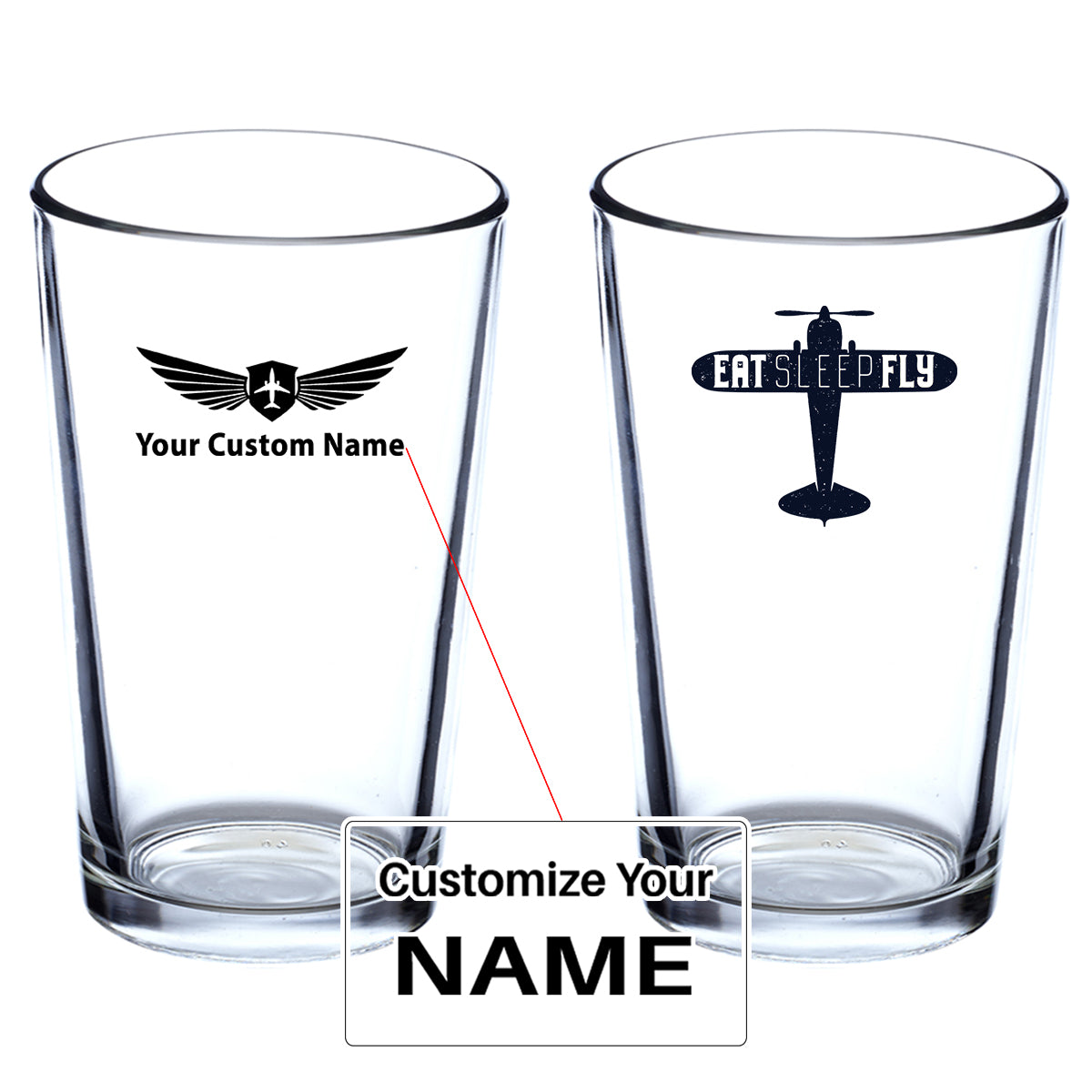 Eat Sleep Fly & Propeller Designed Beer & Water Glasses