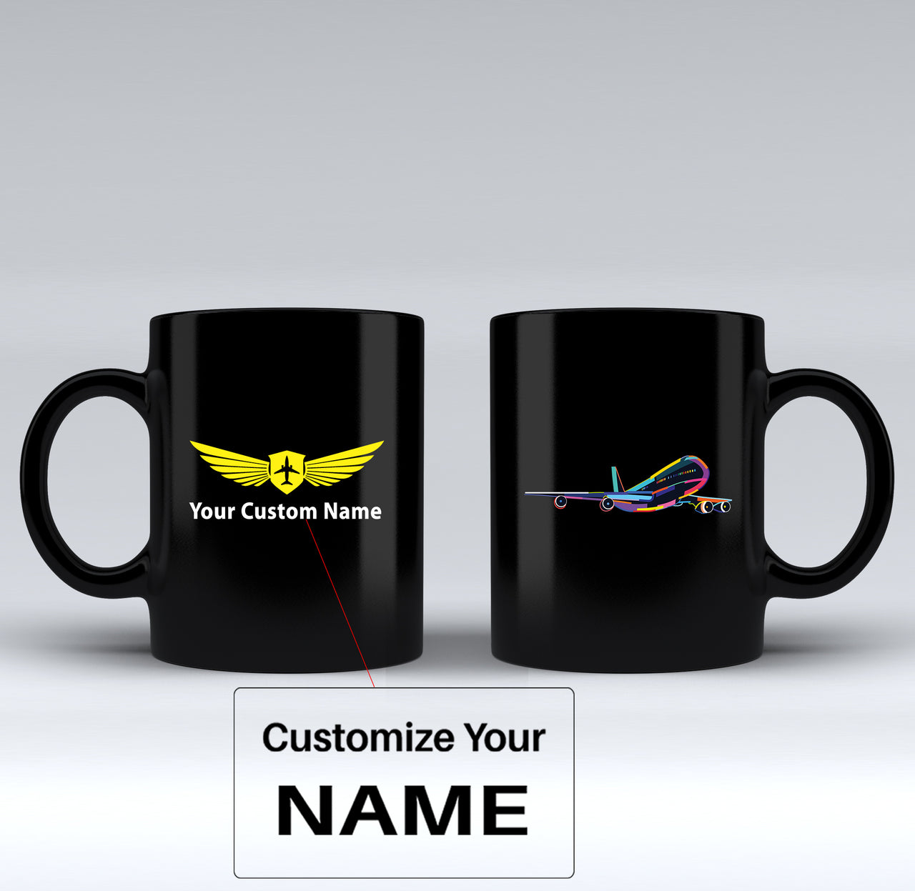 Multicolor Airplane Designed Black Mugs
