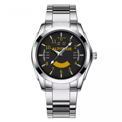 Side view of Altitude-Color aviation watch with stainless steel band in stainless steel, polished finish.