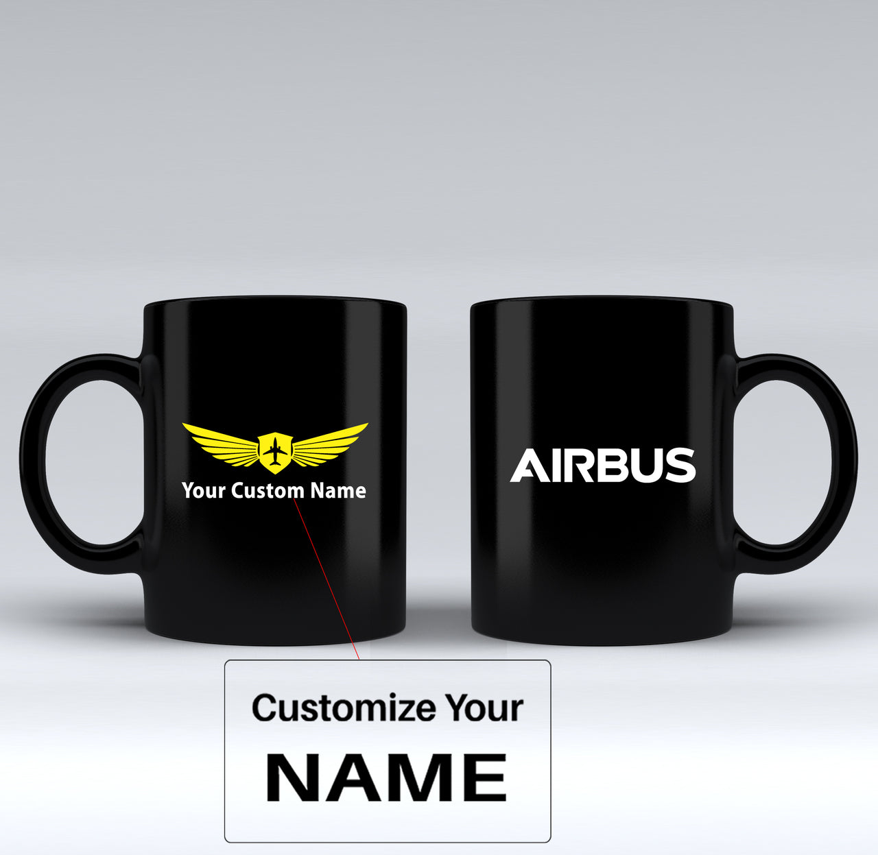 Airbus & Text Designed Black Mugs