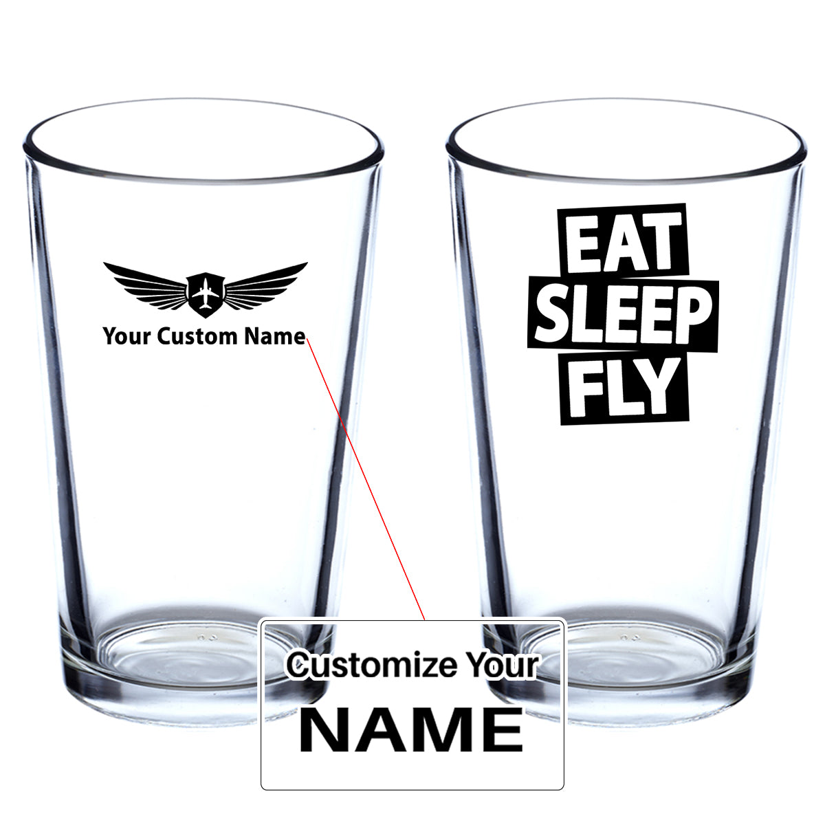 Eat Sleep Fly Designed Beer & Water Glasses
