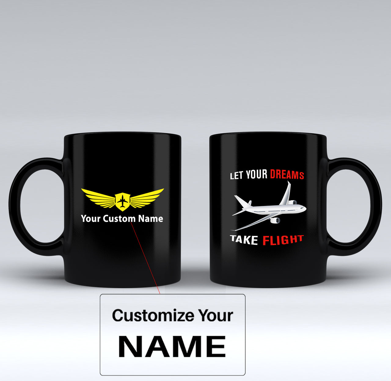 Let Your Dreams Take Flight Designed Black Mugs