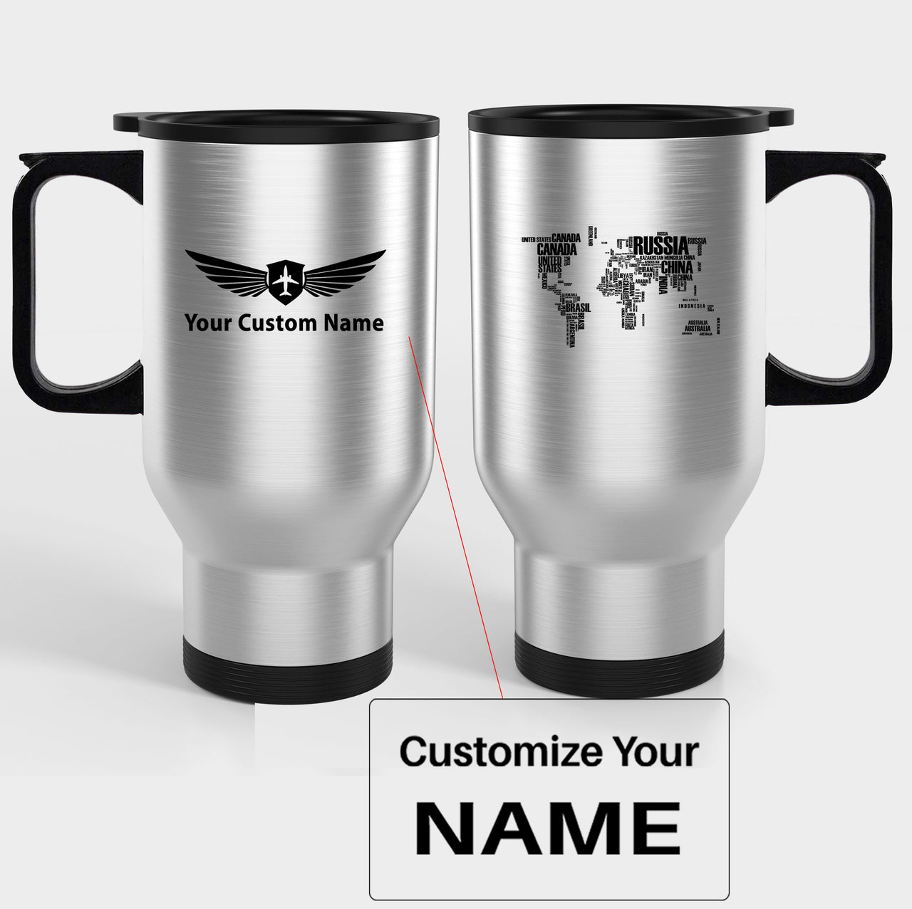 World Map (Text) Designed Travel Mugs (With Holder)