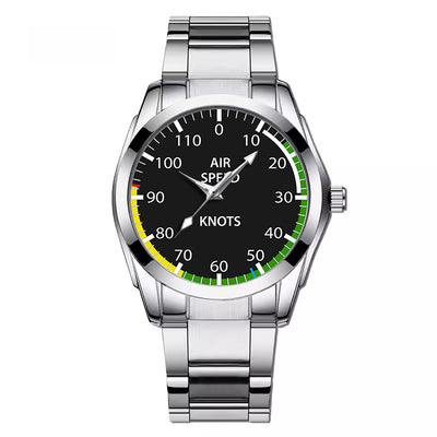 Airspeed aviation watch with stainless steel band, stainless steel body with engraved detail.