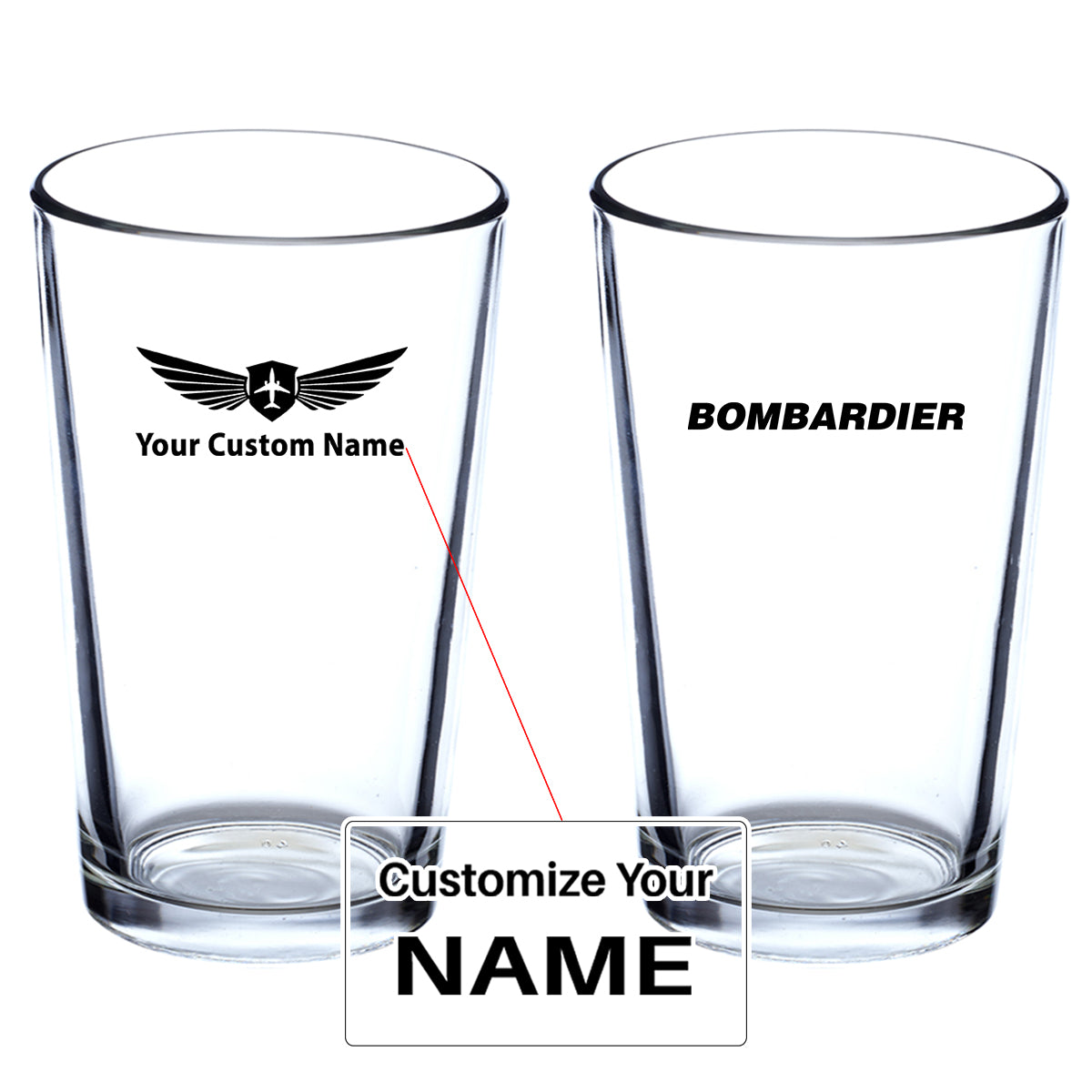 Bombardier & Text Designed Beer & Water Glasses