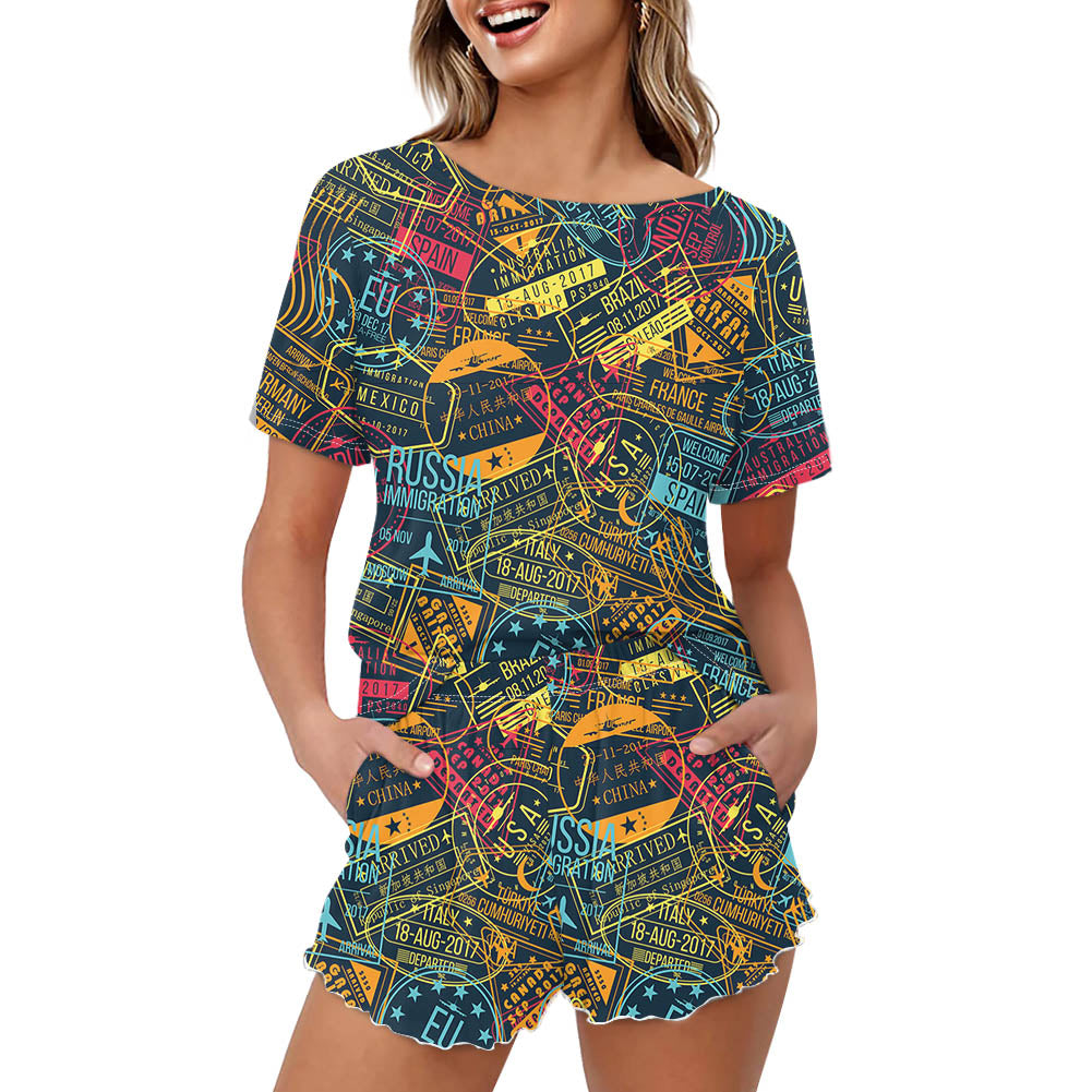 Dark Coloured Passport Stamps Designed Women Summer Home Suits