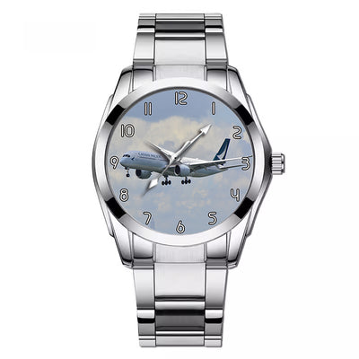 Cathay Pacific Airbus A350 aviation watch with stainless steel band, stainless steel body with engraved detail.