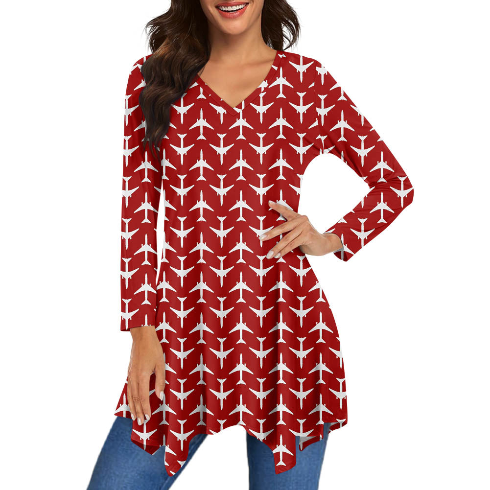 Perfectly Sized Seamless Airplanes Red Designed Women Lrregular V-neck Skirts