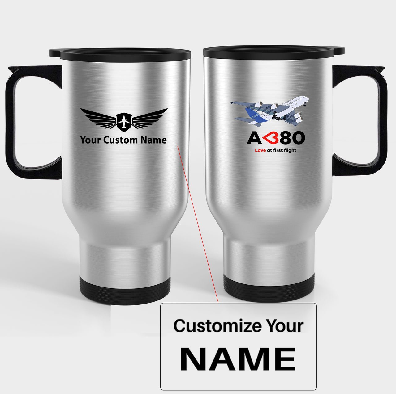 Airbus A380 Love at first flight Designed Travel Mugs (With Holder)