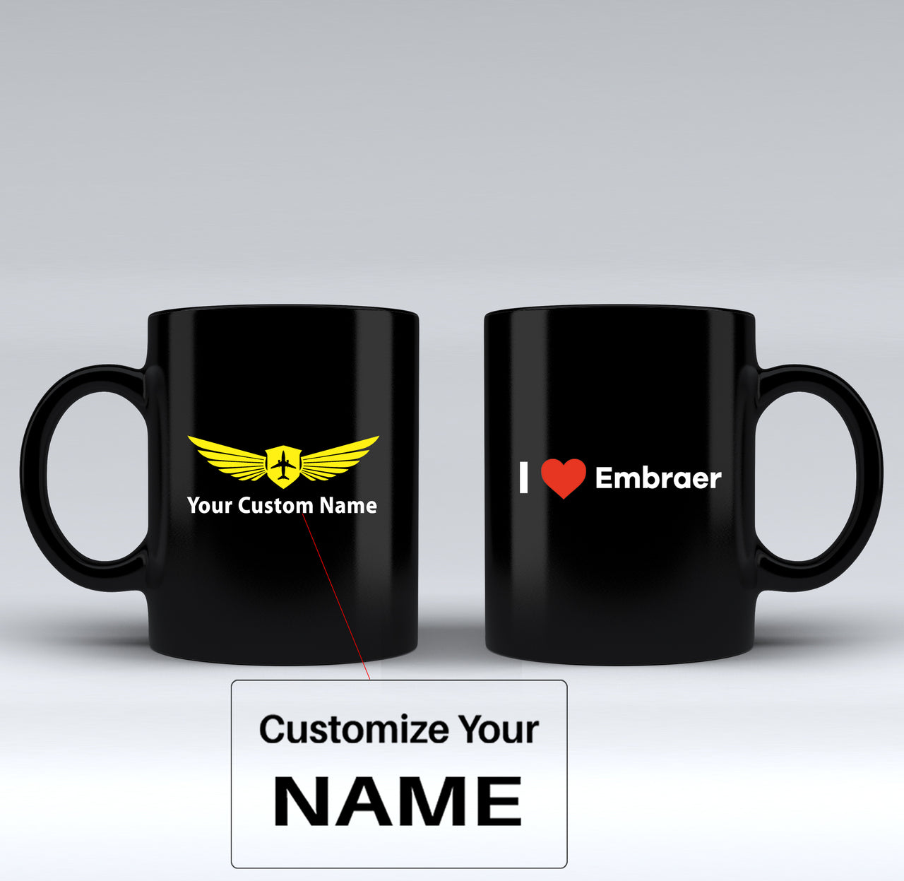 I Love Embraer Designed Black Mugs