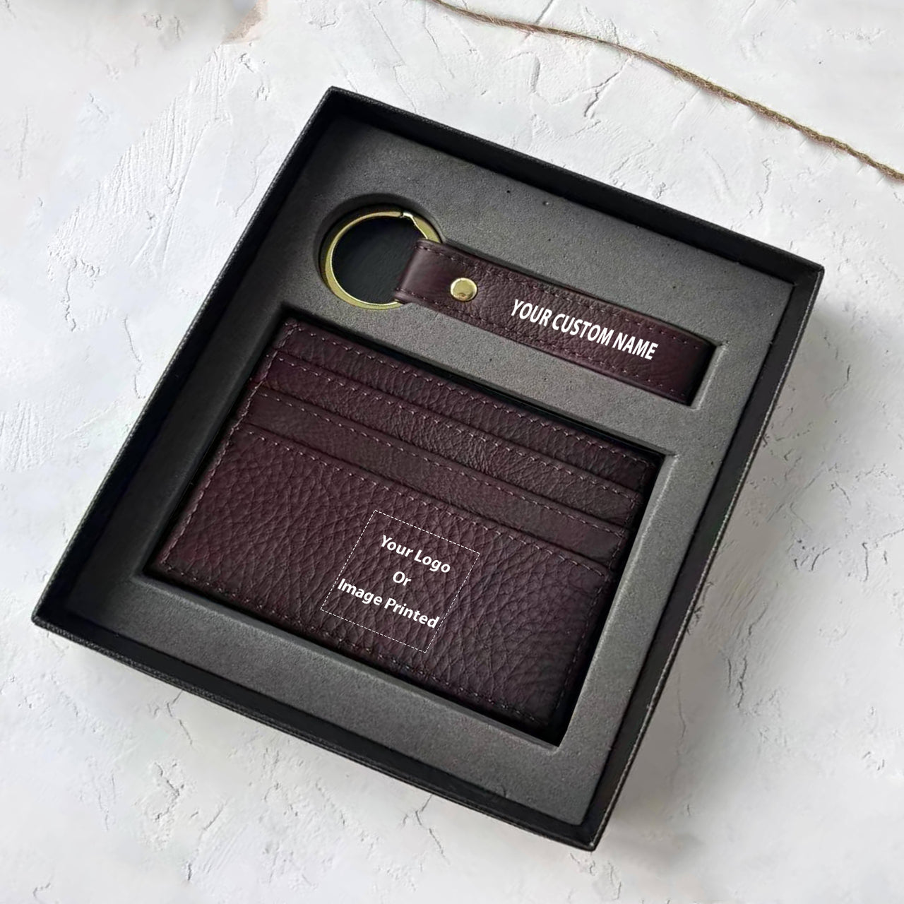 Your Custom Design & Image & Logo & Text Design Genuine Leather Cardholder Key Ring Gift Box Set