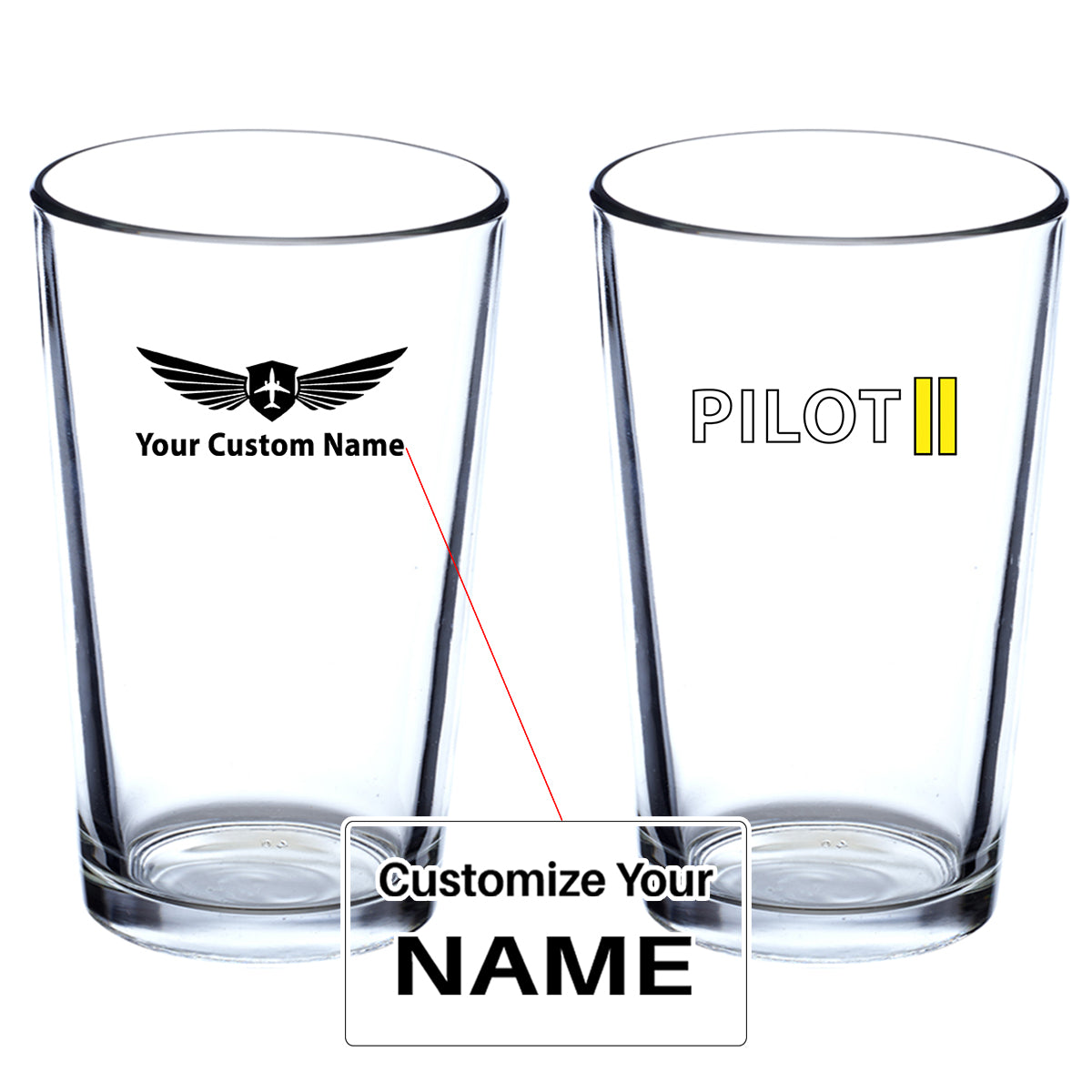 Pilot & Stripes (2 Lines) Designed Beer & Water Glasses