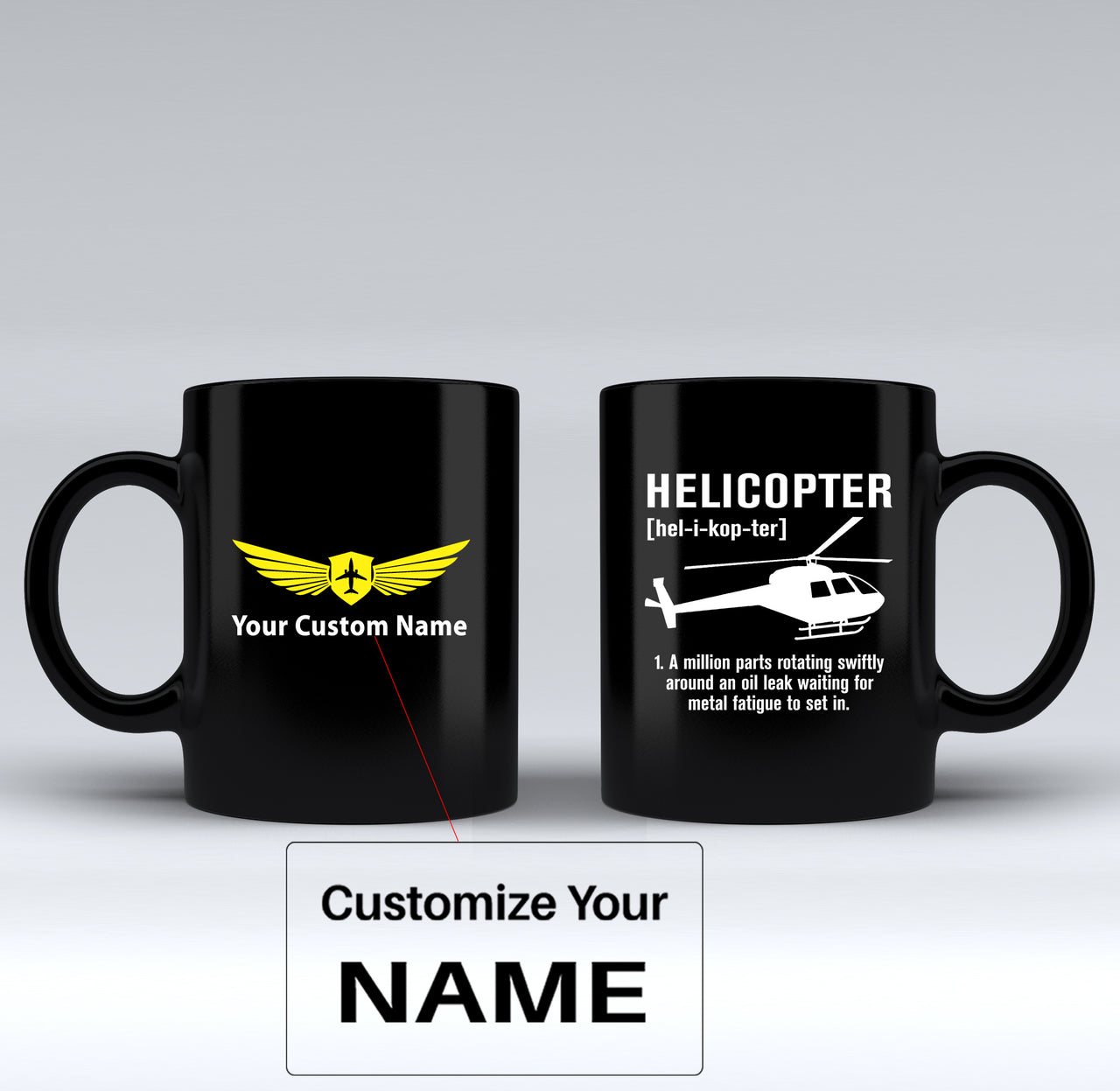 Helicopter [Noun] Designed Black Mugs