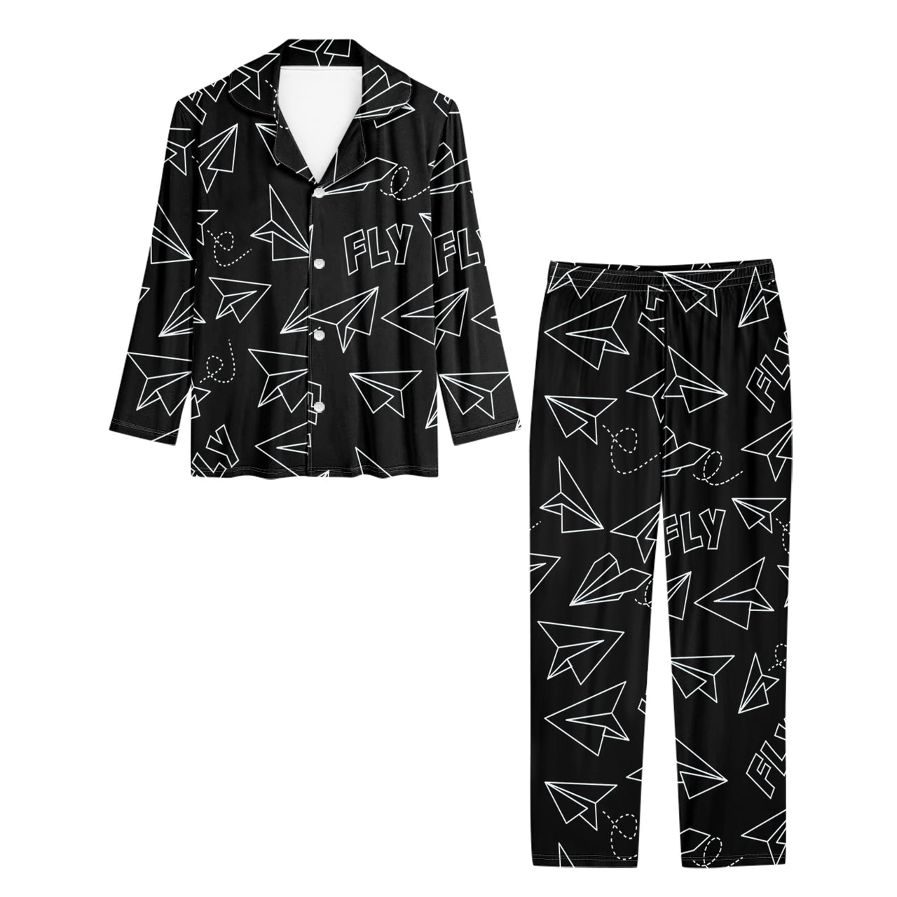 Paper Airplane & Fly Black Designed Women Button Pajamas