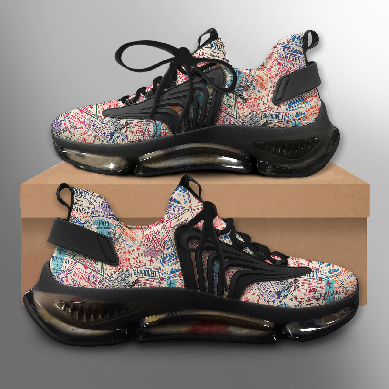 Passport Stamps Designed Fashion Running Shoes