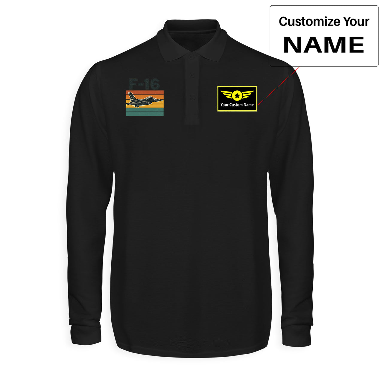 Retro Fighter Jet F16 Designed Long Sleeve Polo T-Shirts