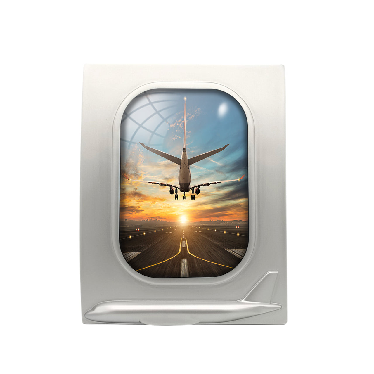 Airplane over Runway Towards the Sunrise Designed Airplane Window Photo Frame