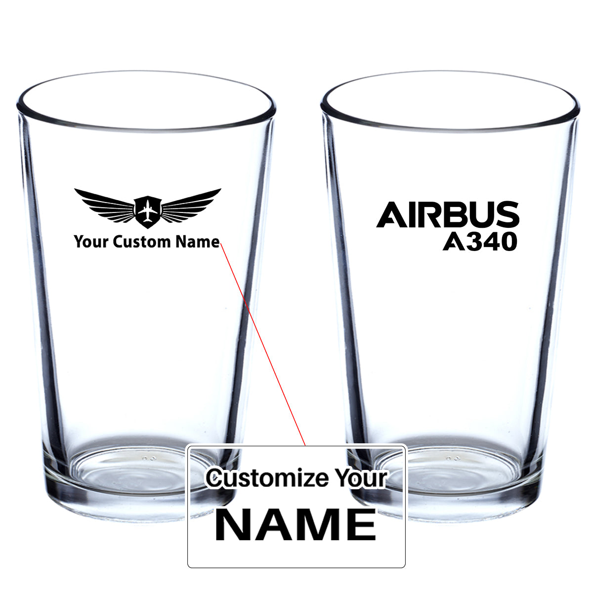 Airbus A340 & Text Designed Beer & Water Glasses