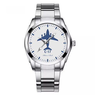 Boeing GlobeMaster C-17 aviation-themed watch with stainless steel band, polished stainless steel.