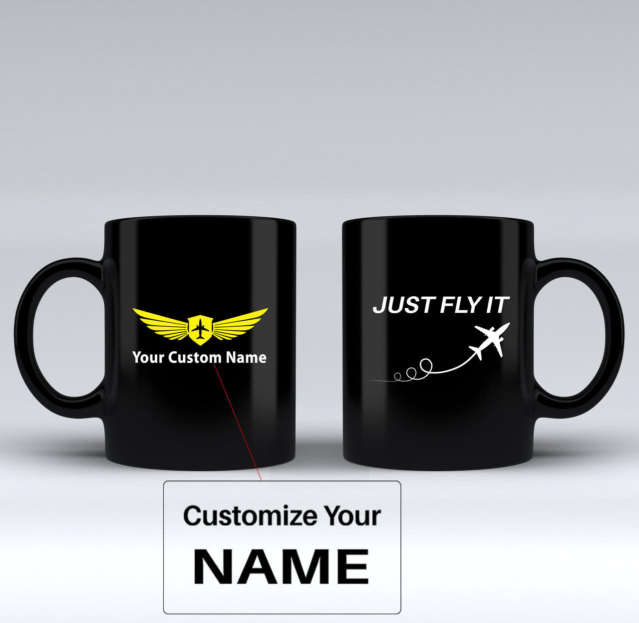 Just Fly It Designed Black Mugs