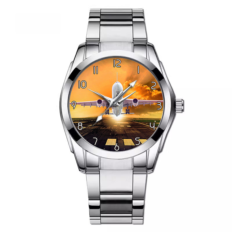 Amazing Departing Aircraft Sunset & Clouds Behind Designed Stainless Steel Band Watches