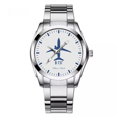 Boeing 737 aviation-themed watch with stainless steel band, polished stainless steel.