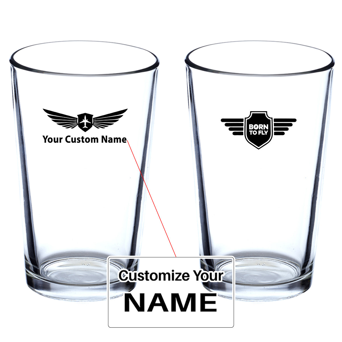 Born To Fly & Badge Designed Beer & Water Glasses