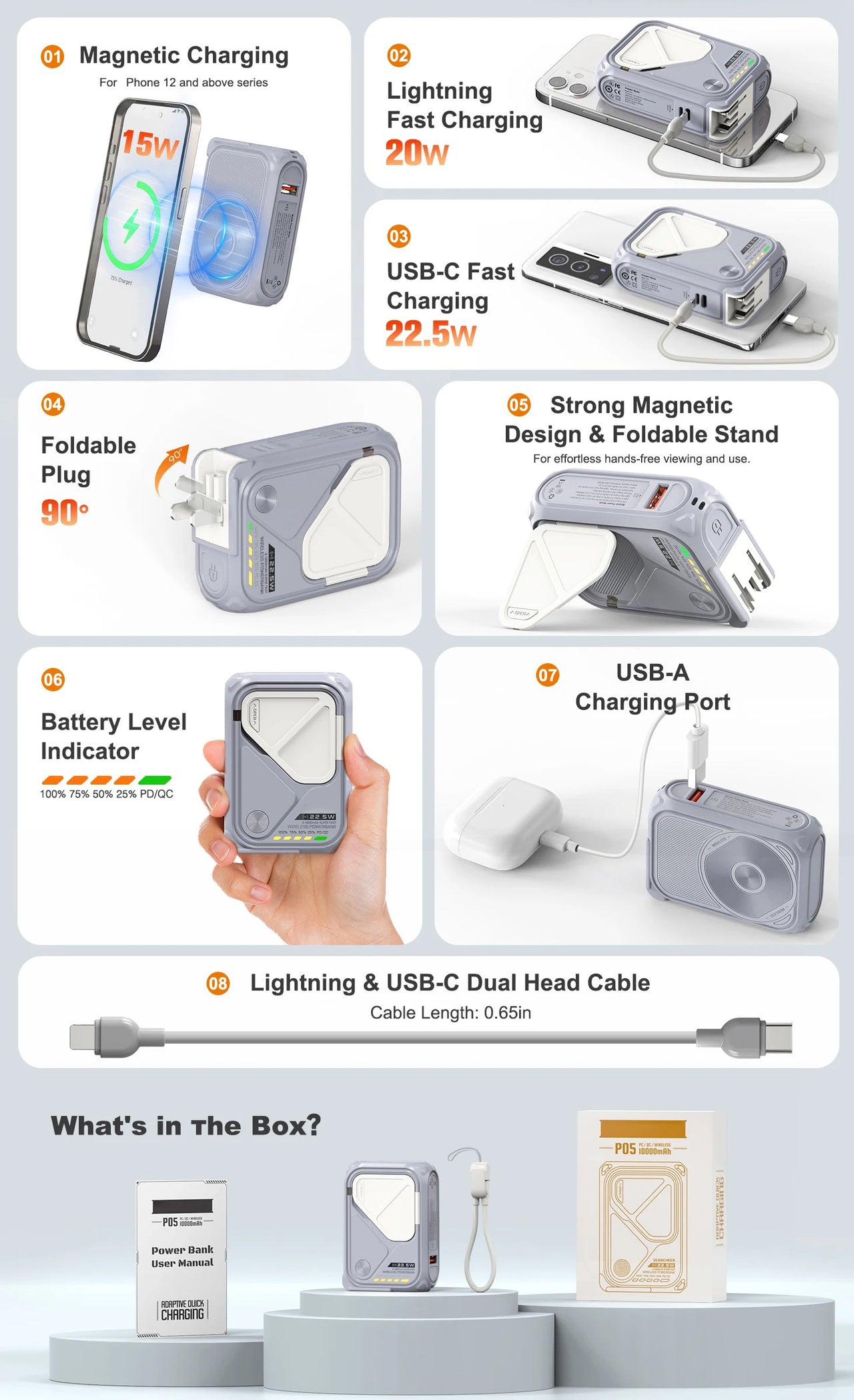10000mAh 22.5W PD Magnetic Wireless Power Bank: USB-C Detachable Cable, Phone Holder
